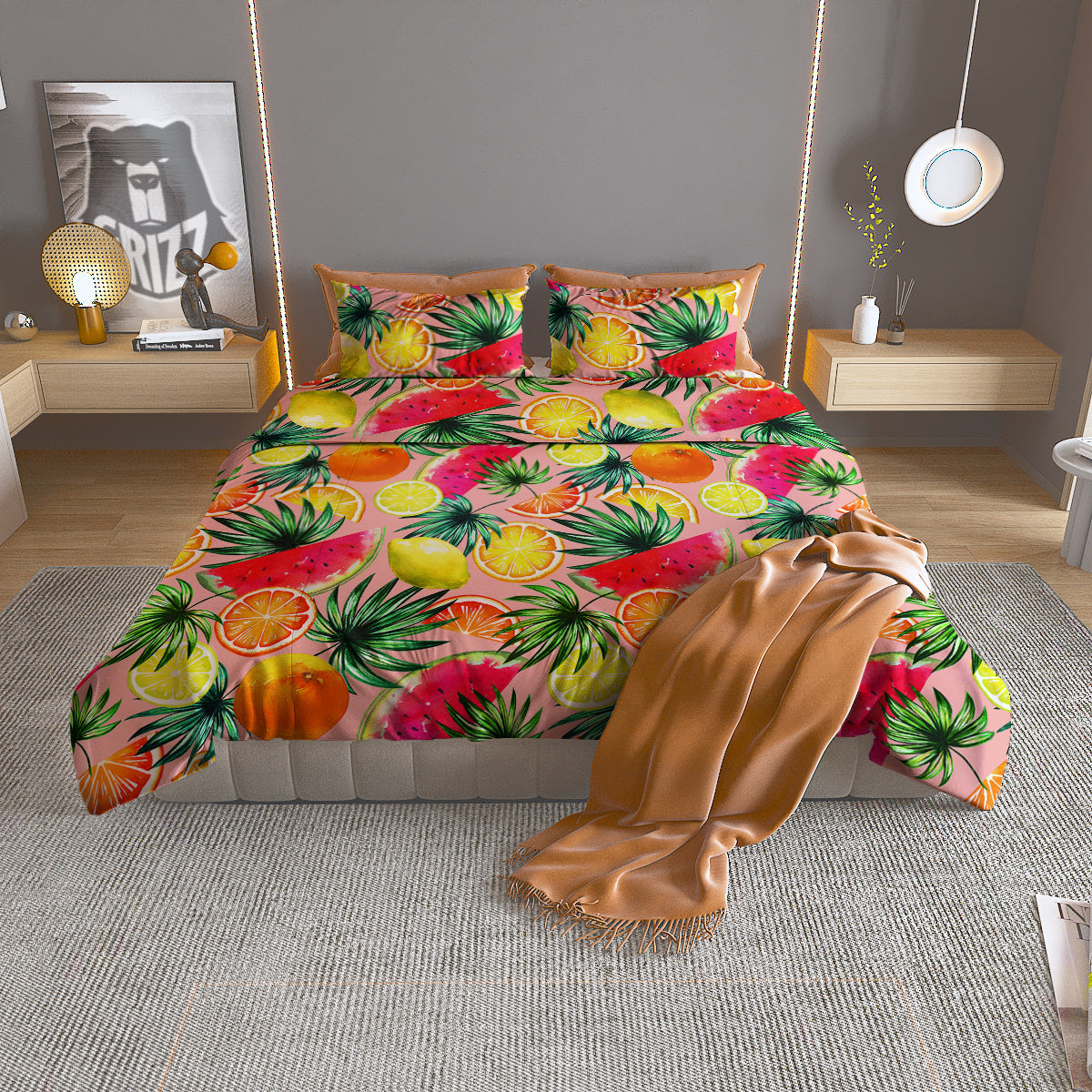 Hawaiian Fruits And Palm Tropical Print Pattern Duvet Cover Bedding Set