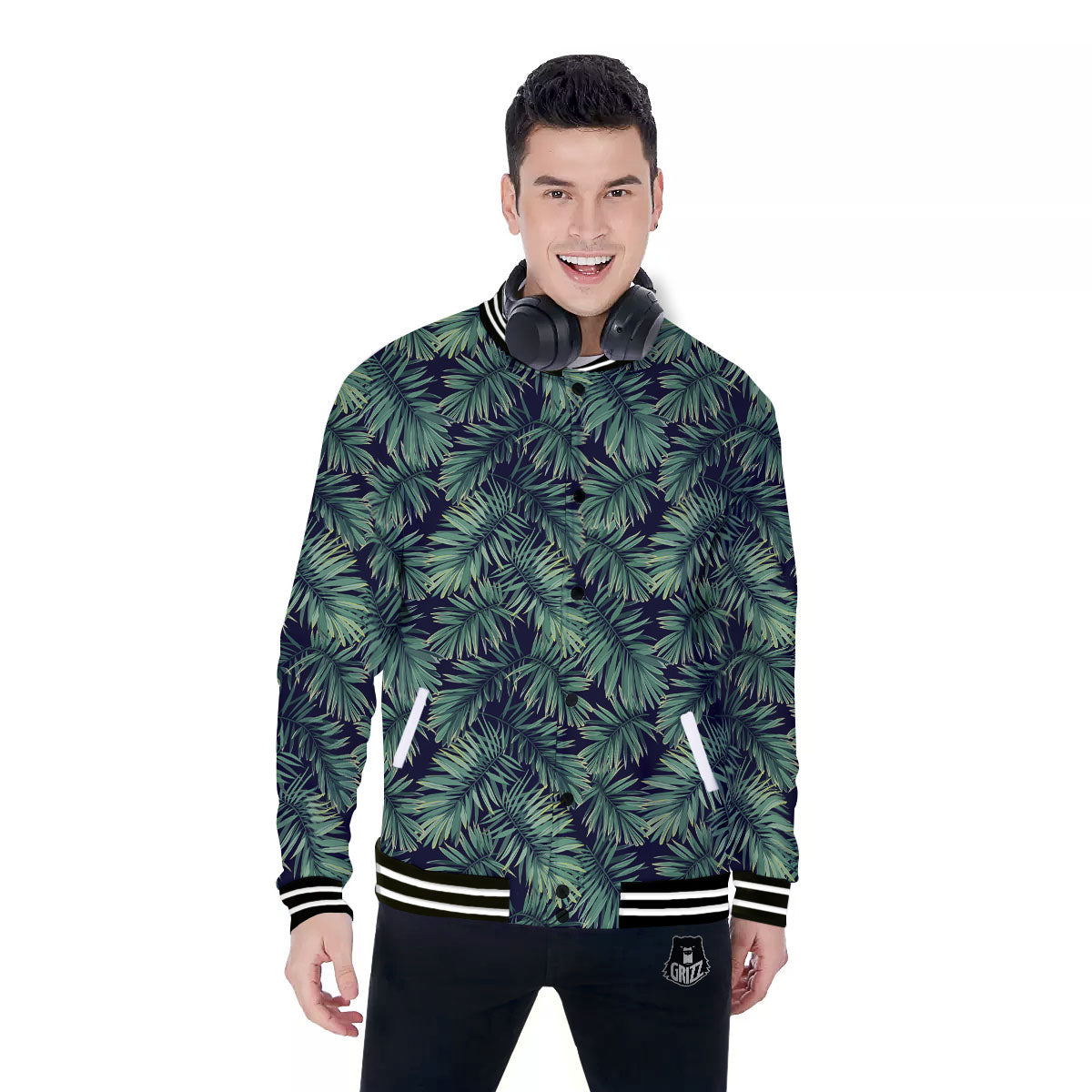 Hawaiian Leaves Tropical Print Pattern Baseball Jacket-grizzshop