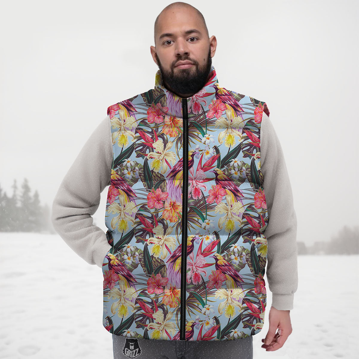 Hawaiian Pink Hibiscus Print Pattern Down Vest