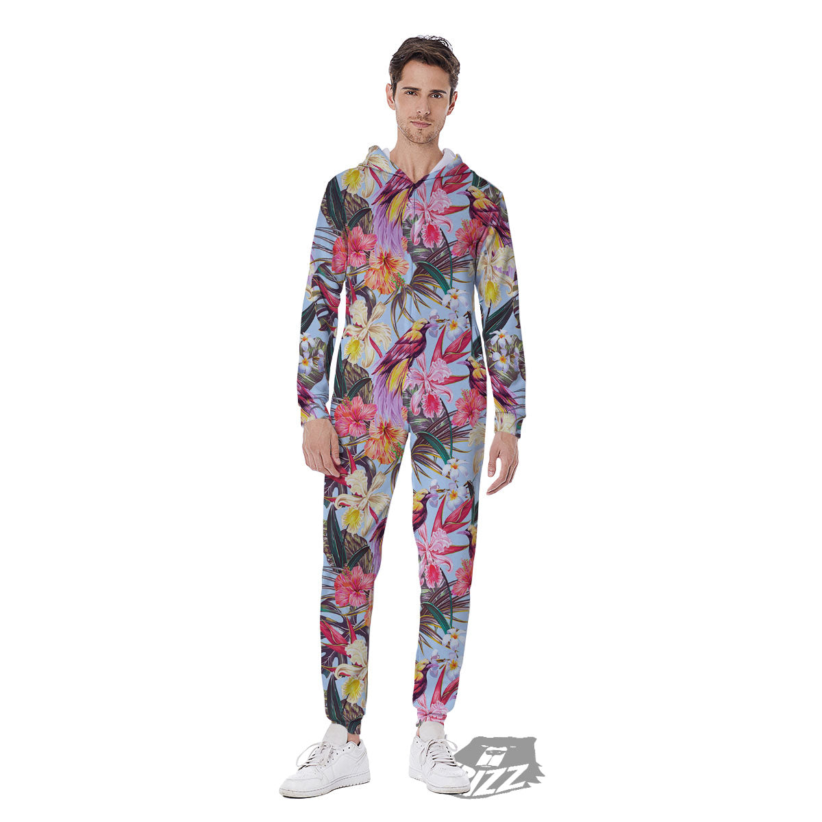 Hawaiian Pink Hibiscus Print Pattern Men's Jumpsuit-grizzshop