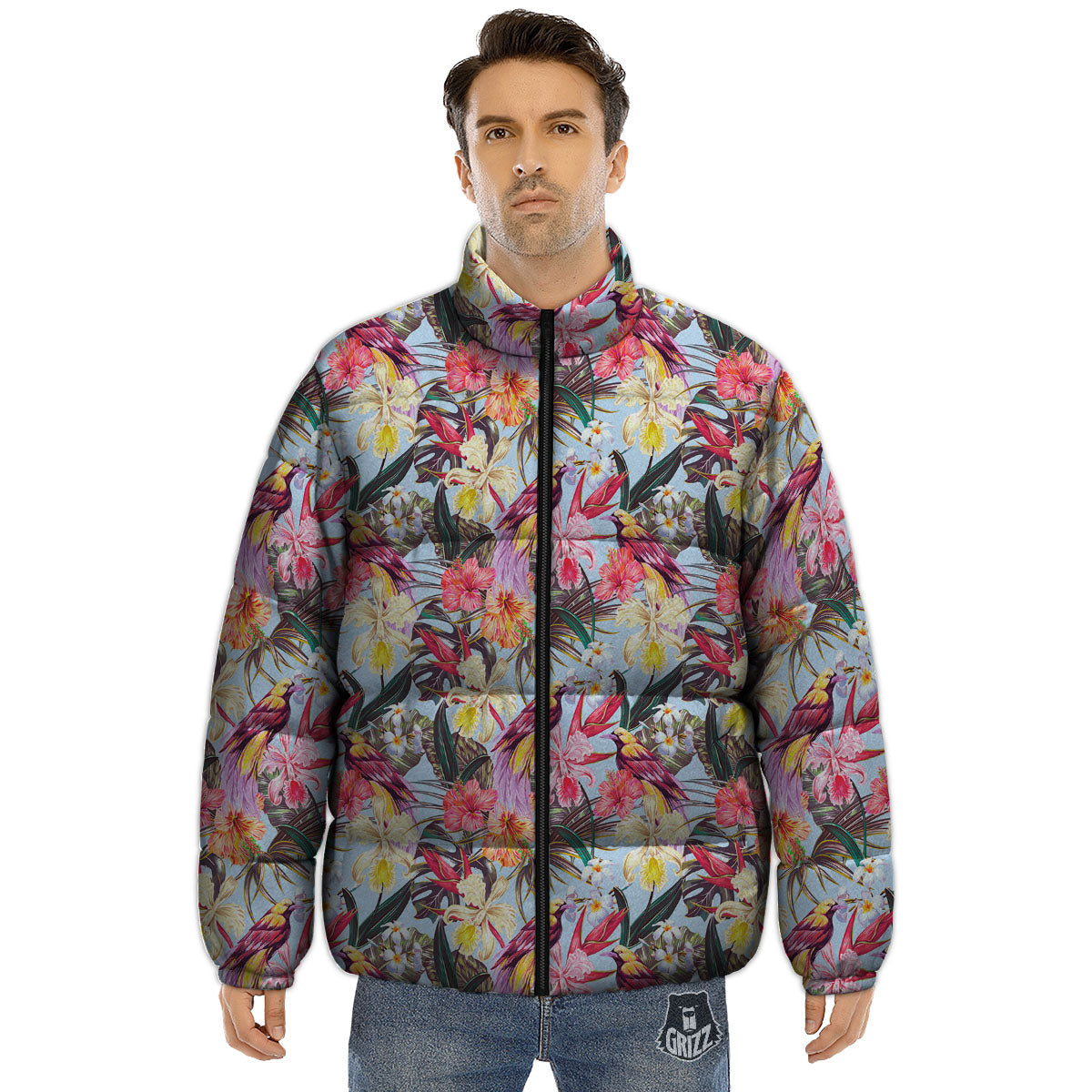 Hawaiian Pink Hibiscus Print Pattern Puffer Jacket-grizzshop
