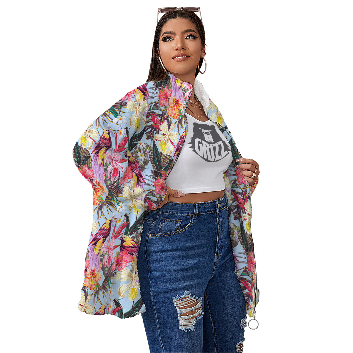 Hawaiian Pink Hibiscus Print Pattern Women's Sherpa Jacket-grizzshop