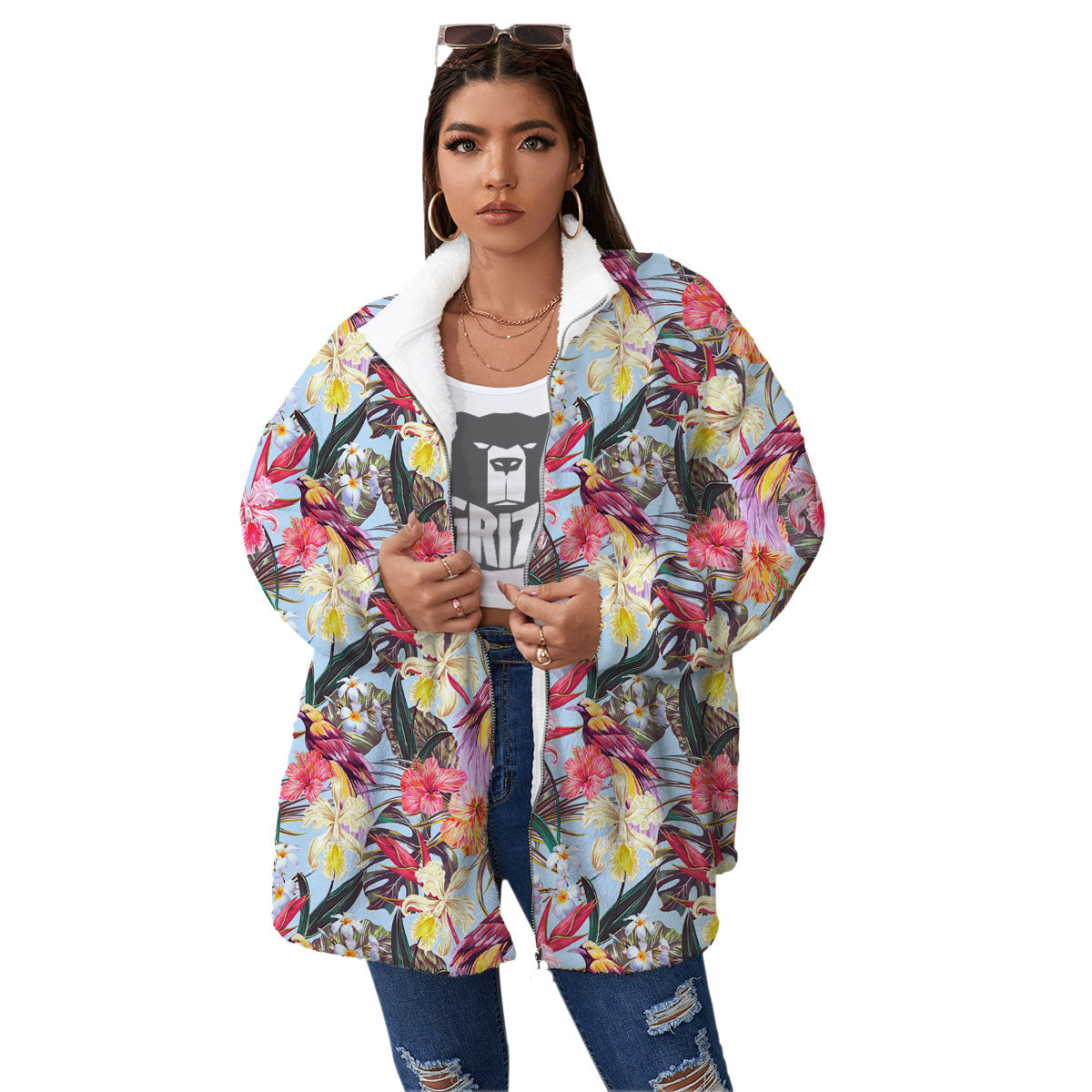 Hawaiian Pink Hibiscus Print Pattern Women's Sherpa Jacket-grizzshop