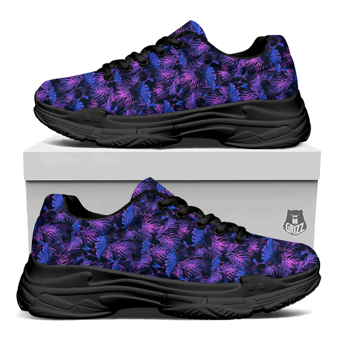 Hawaiian Tropical Dark Purple Print Pattern Black Chunky Shoes-grizzshop