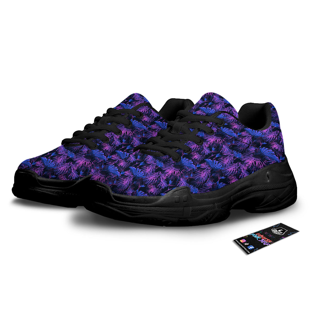 Hawaiian Tropical Dark Purple Print Pattern Black Chunky Shoes-grizzshop
