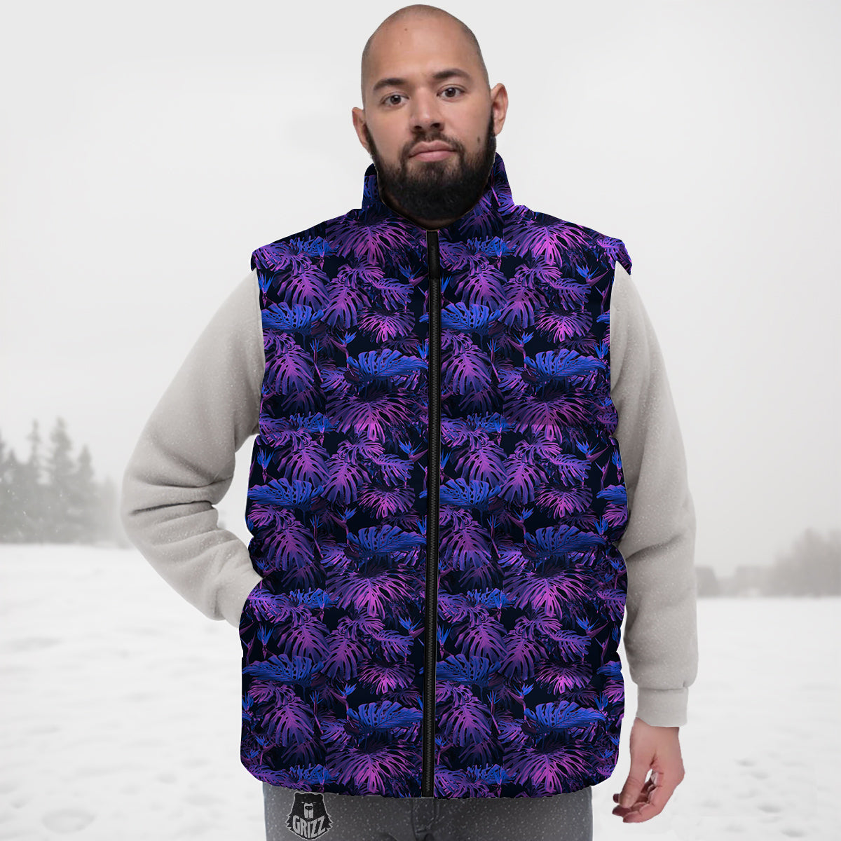 Hawaiian Tropical Dark Purple Print Pattern Down Vest-grizzshop