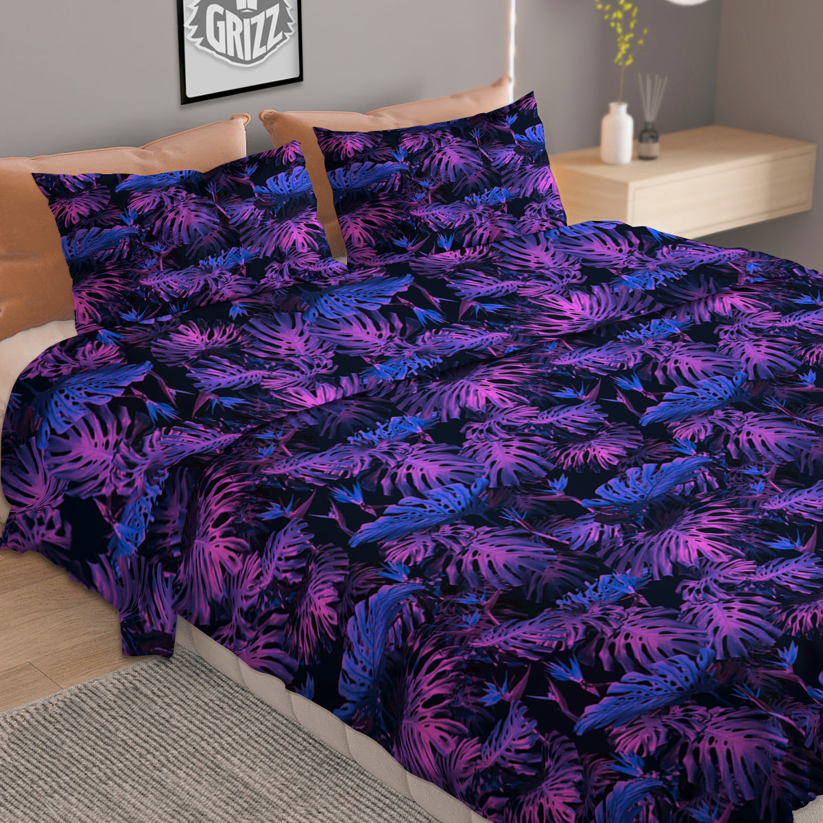 Hawaiian Tropical Dark Purple Print Pattern Duvet Cover Bedding Set