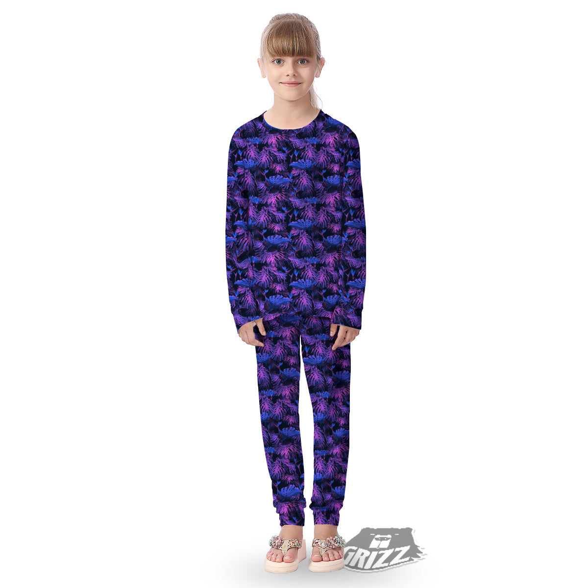 Hawaiian Tropical Dark Purple Print Pattern Kid's Pajamas-grizzshop