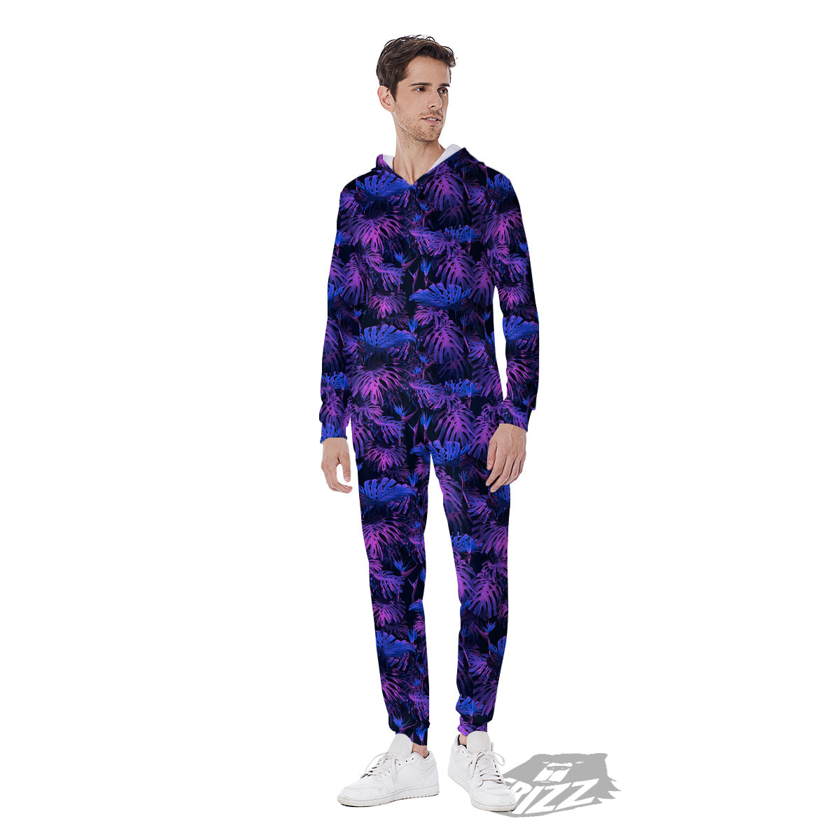 Hawaiian Tropical Dark Purple Print Pattern Men's Jumpsuit-grizzshop