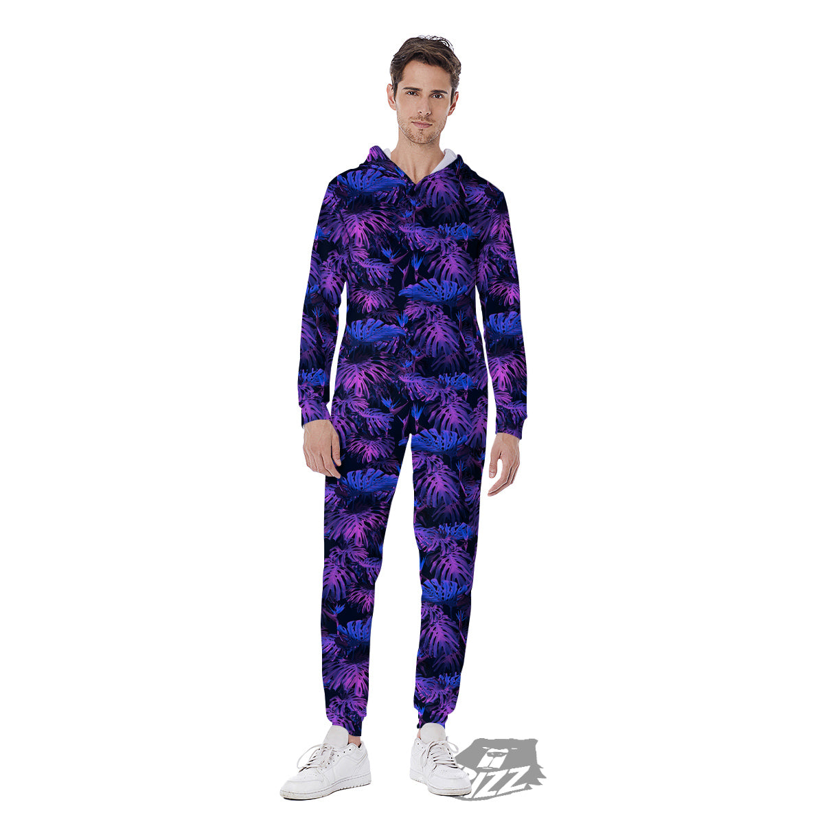 Hawaiian Tropical Dark Purple Print Pattern Men's Jumpsuit-grizzshop