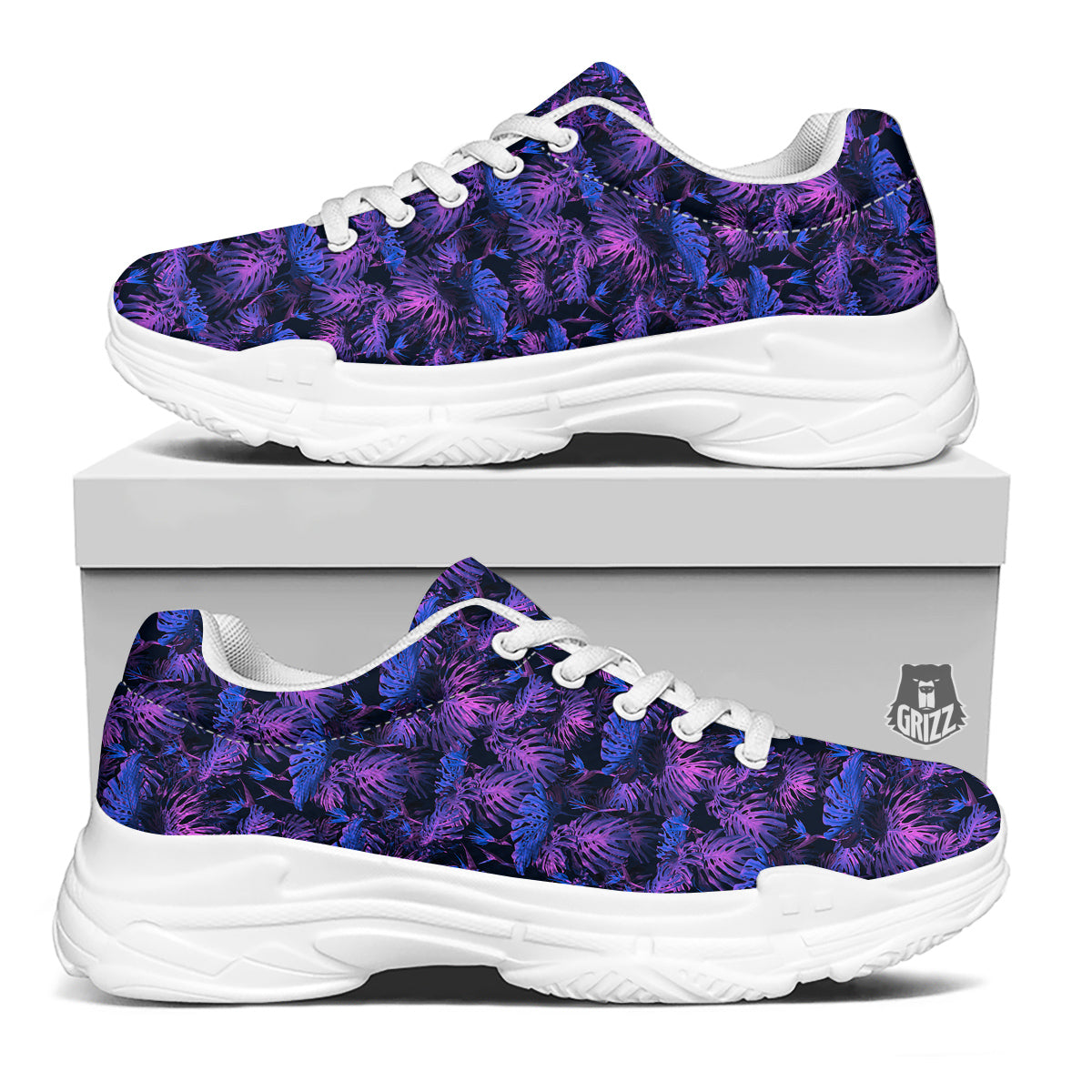 Hawaiian Tropical Dark Purple Print Pattern White Chunky Shoes-grizzshop