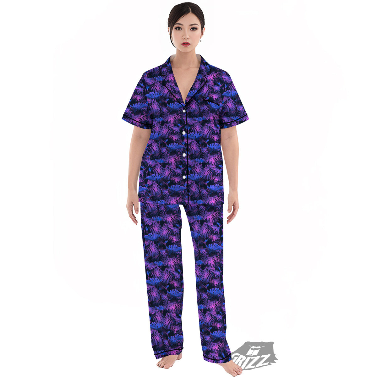 Hawaiian Tropical Dark Purple Print Pattern Women's Pajamas Set-grizzshop