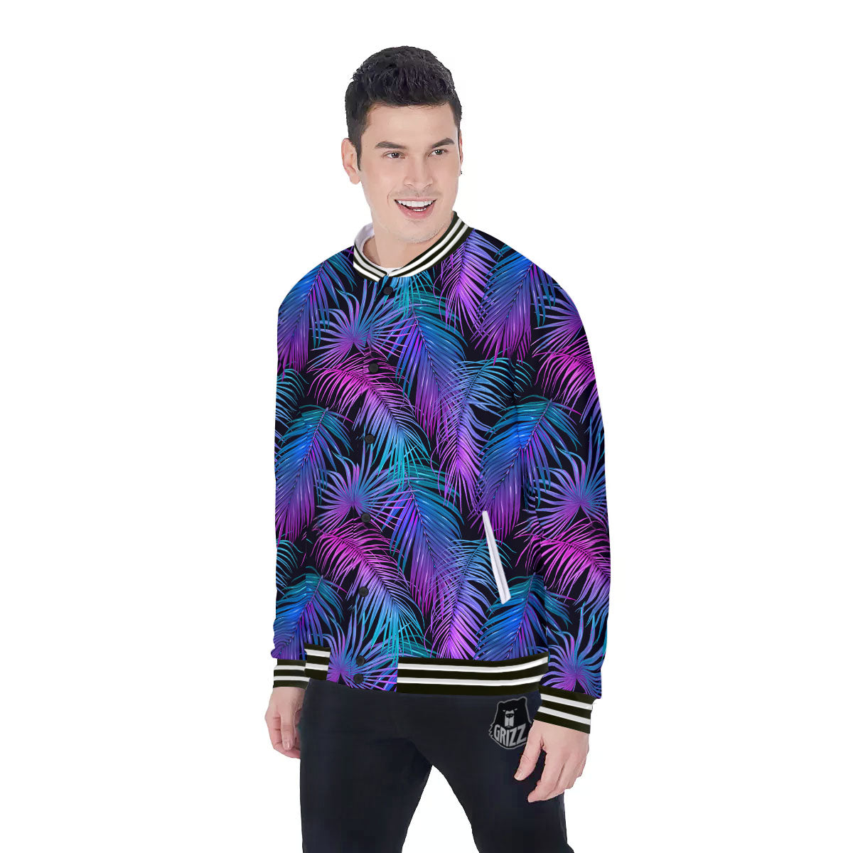 Hawaiian Tropical Purple Print Pattern Baseball Jacket-grizzshop
