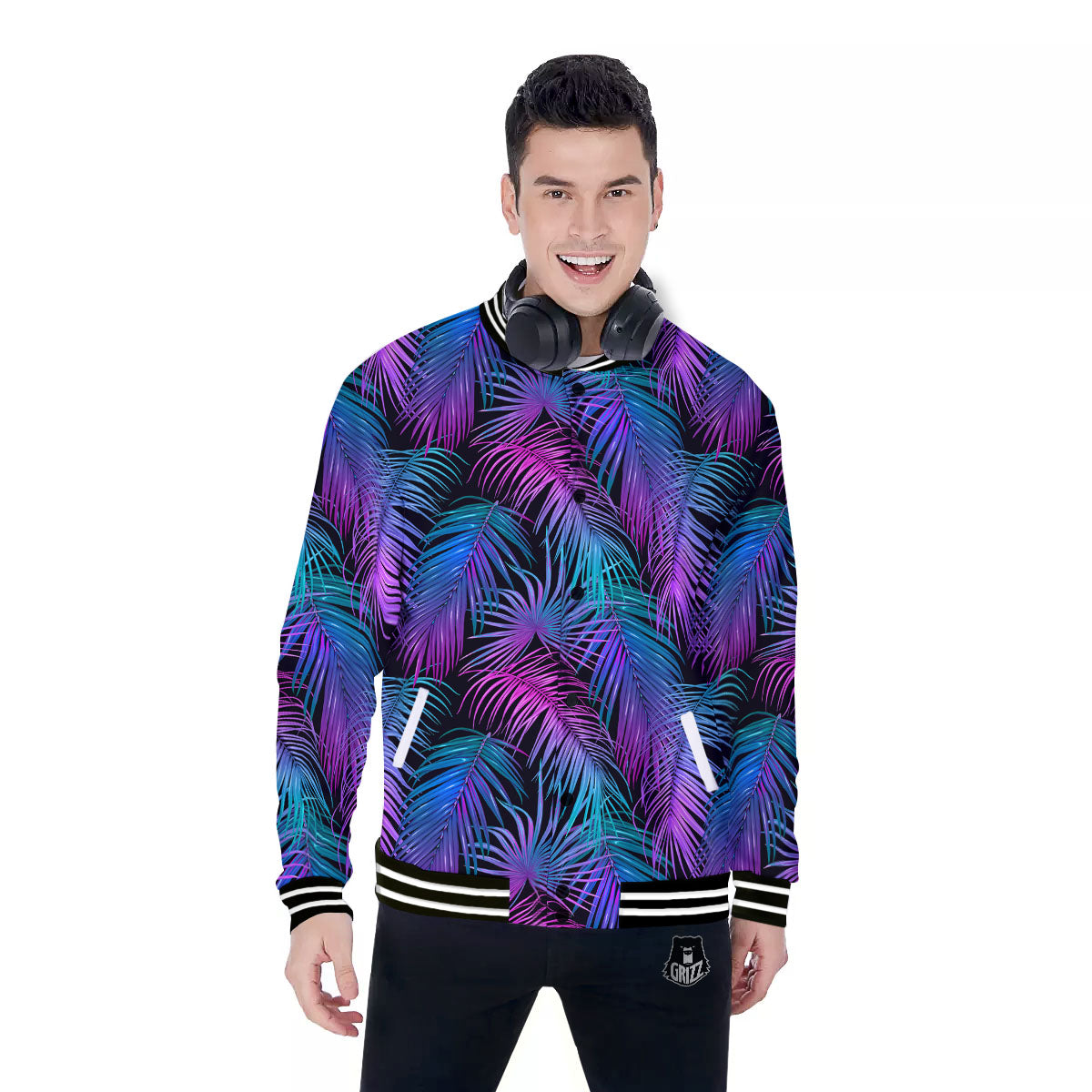 Hawaiian Tropical Purple Print Pattern Baseball Jacket-grizzshop