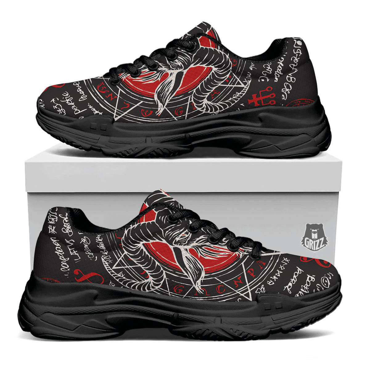 Head Of a Horned Goat Print Black Chunky Shoes-grizzshop