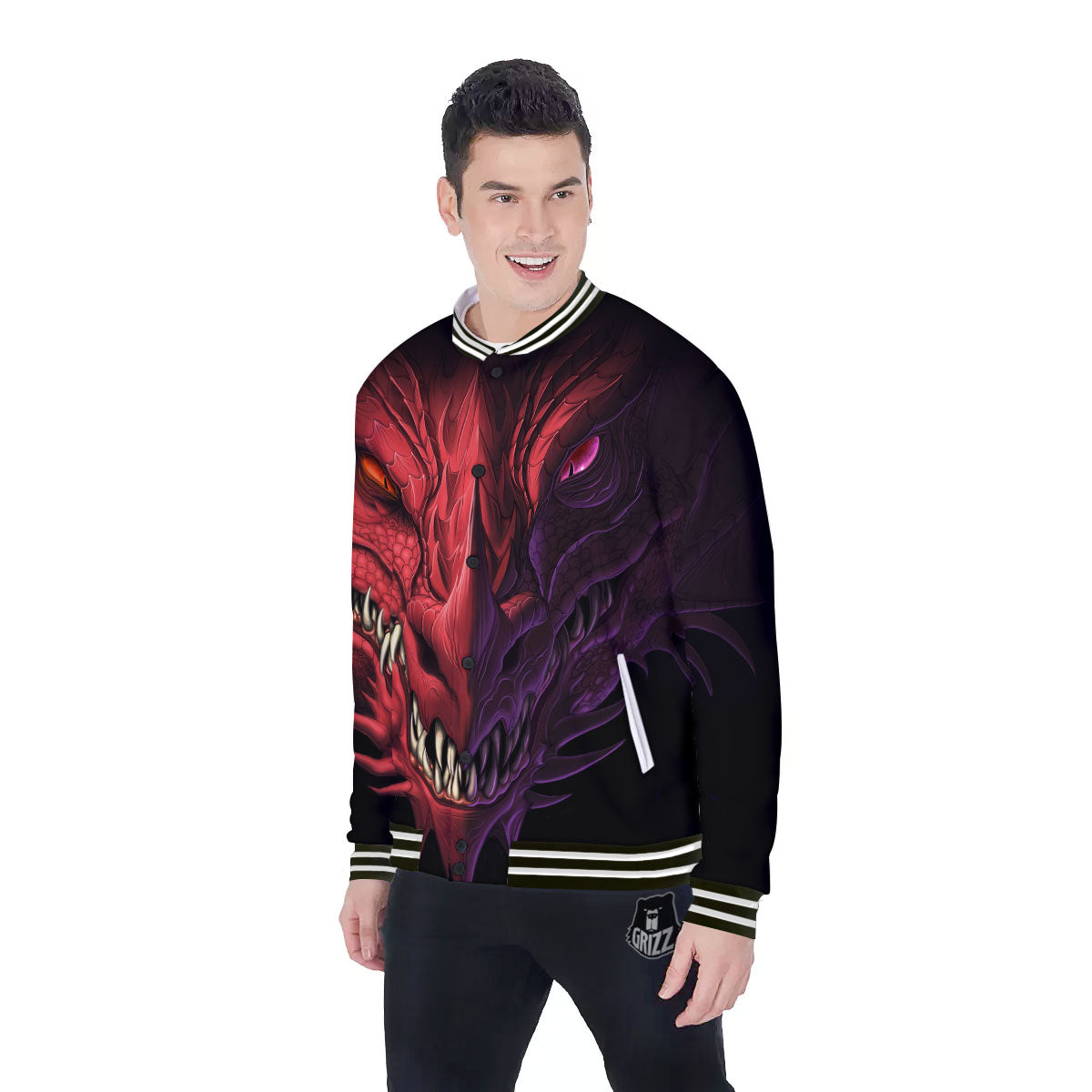 Head Red Dragon Print Baseball Jacket-grizzshop