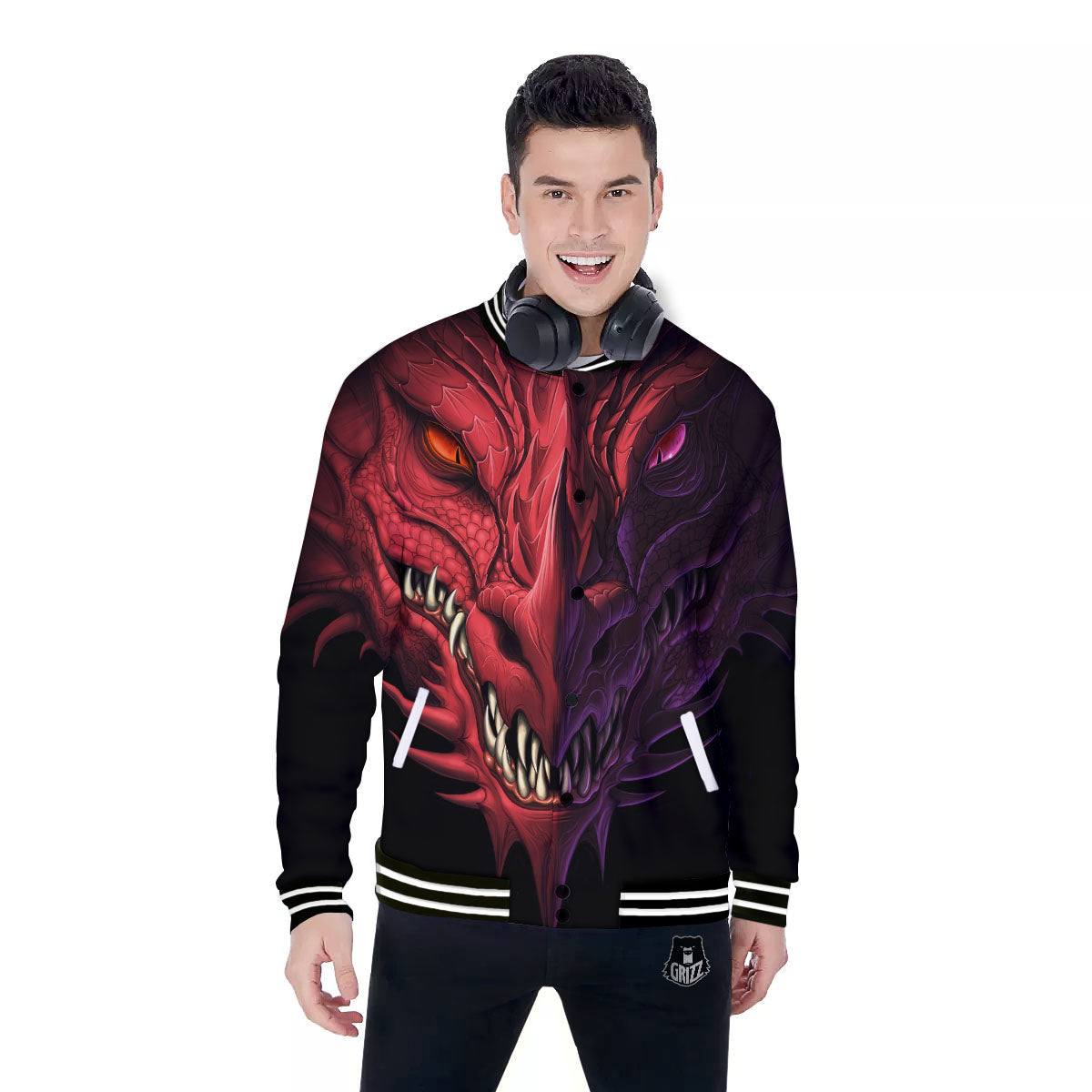 Head Red Dragon Print Baseball Jacket-grizzshop