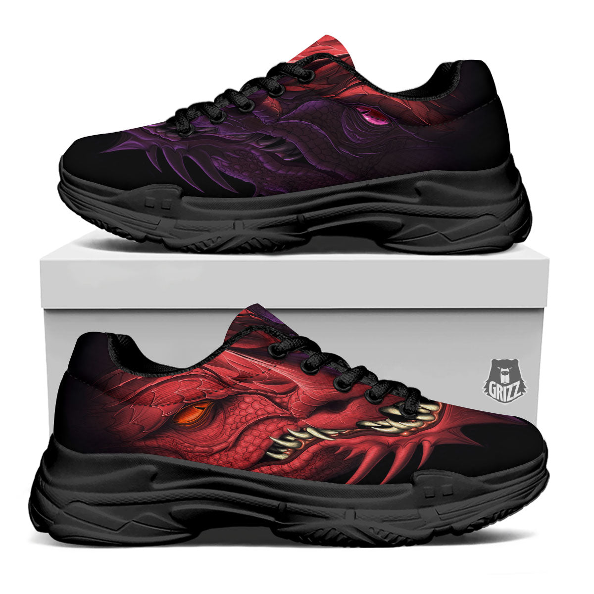 Head Red Dragon Print Black Chunky Shoes-grizzshop