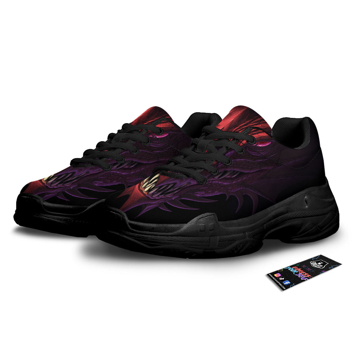 Head Red Dragon Print Black Chunky Shoes-grizzshop