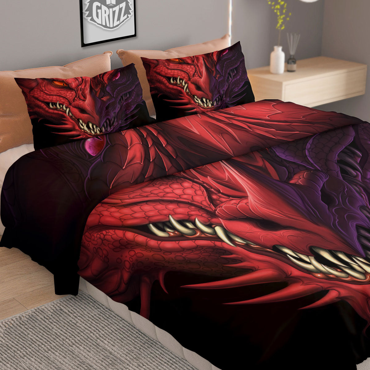 Head Red Dragon Print Duvet Cover Bedding Set