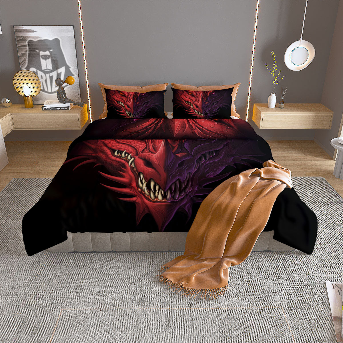 Head Red Dragon Print Duvet Cover Bedding Set