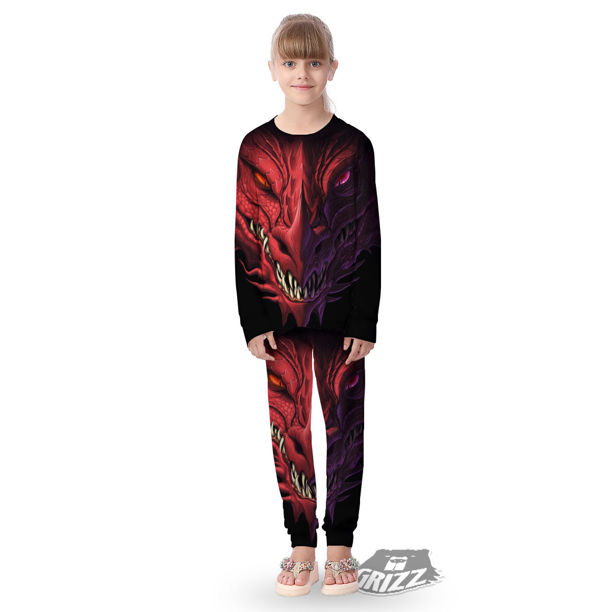 Head Red Dragon Print Kid's Pajamas-grizzshop
