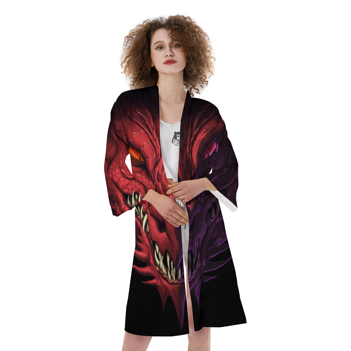 Head Red Dragon Print Kimono-grizzshop