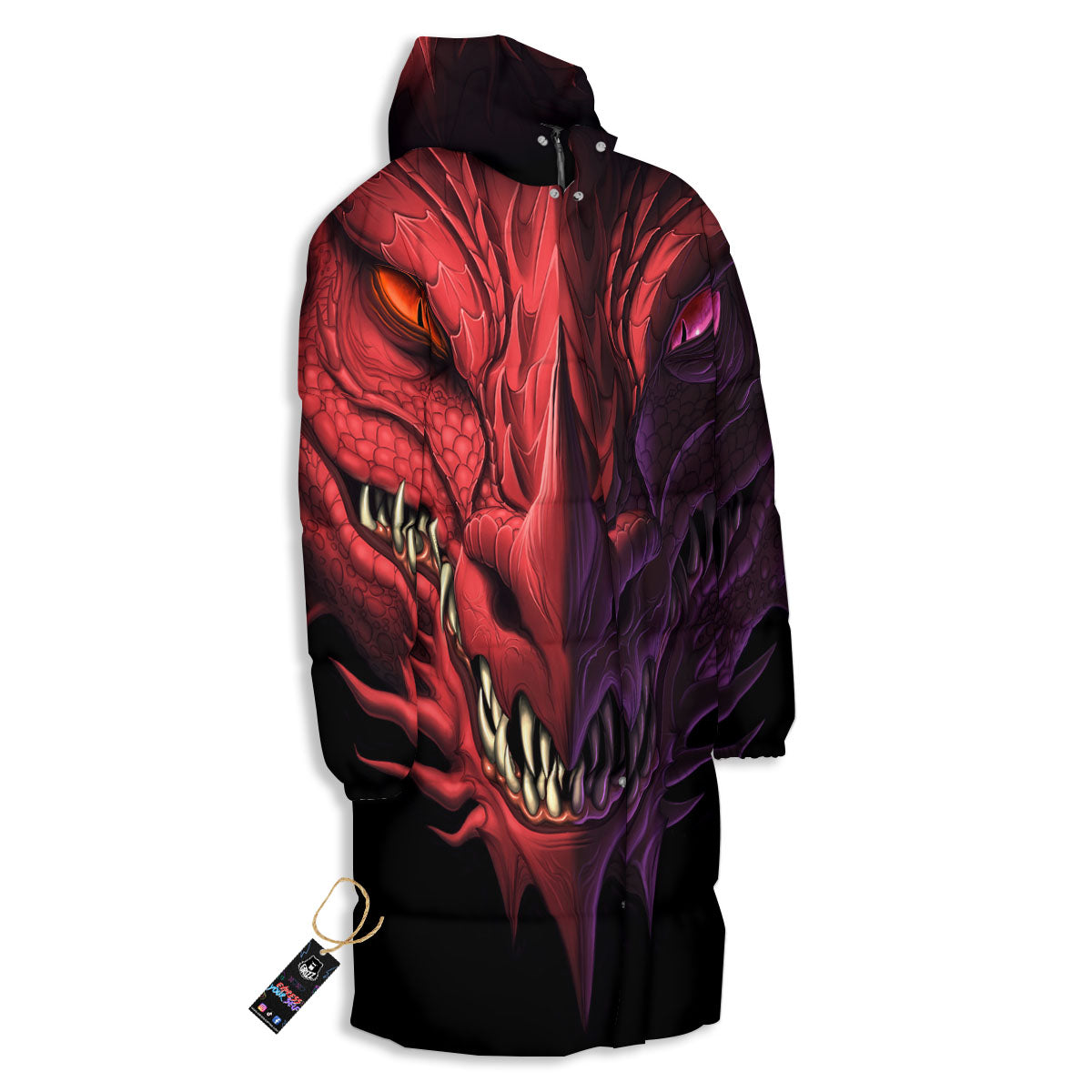 Head Red Dragon Print Long Down Jacket-grizzshop