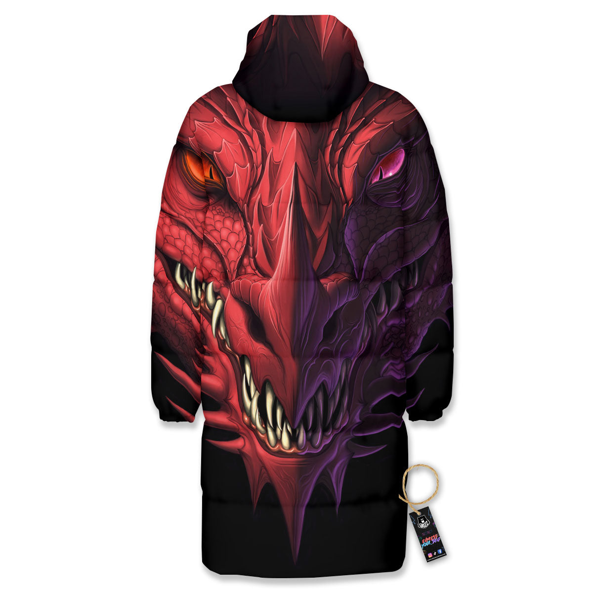 Head Red Dragon Print Long Down Jacket-grizzshop