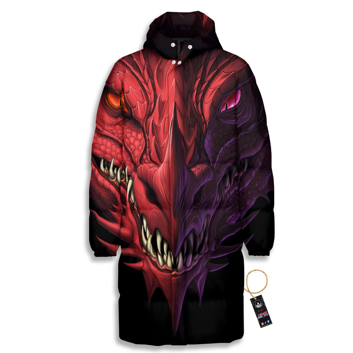 Head Red Dragon Print Long Down Jacket-grizzshop
