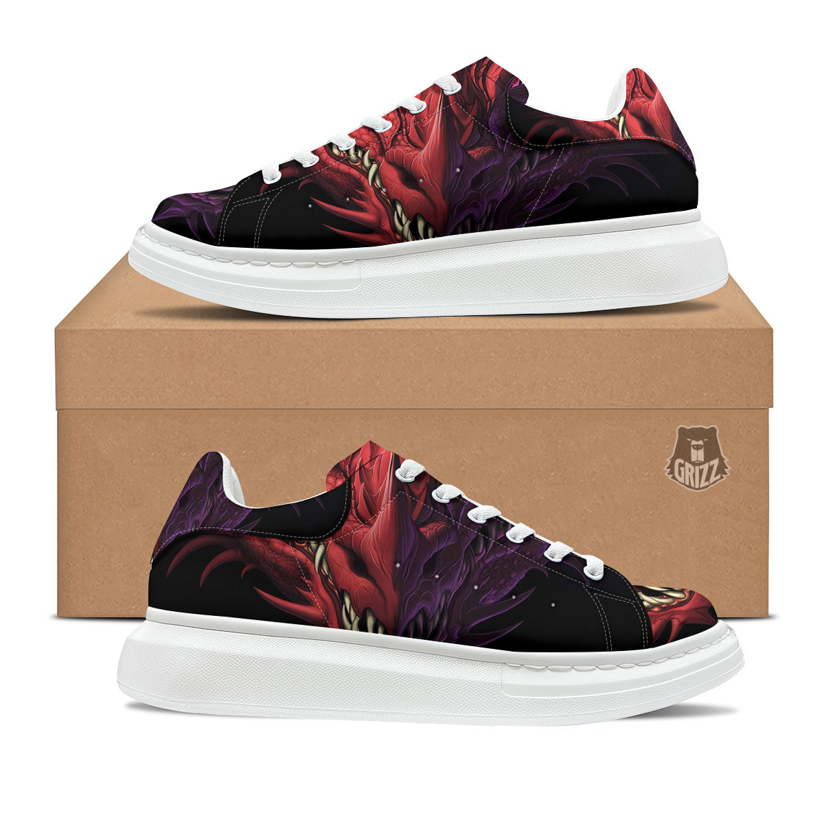 Head Red Dragon Print Platform Shoes-grizzshop