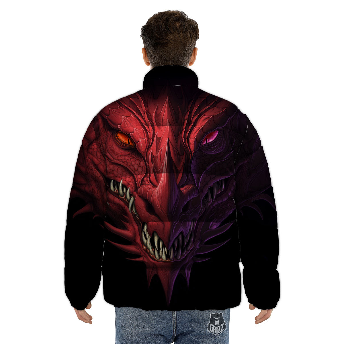 Head Red Dragon Print Puffer Jacket-grizzshop