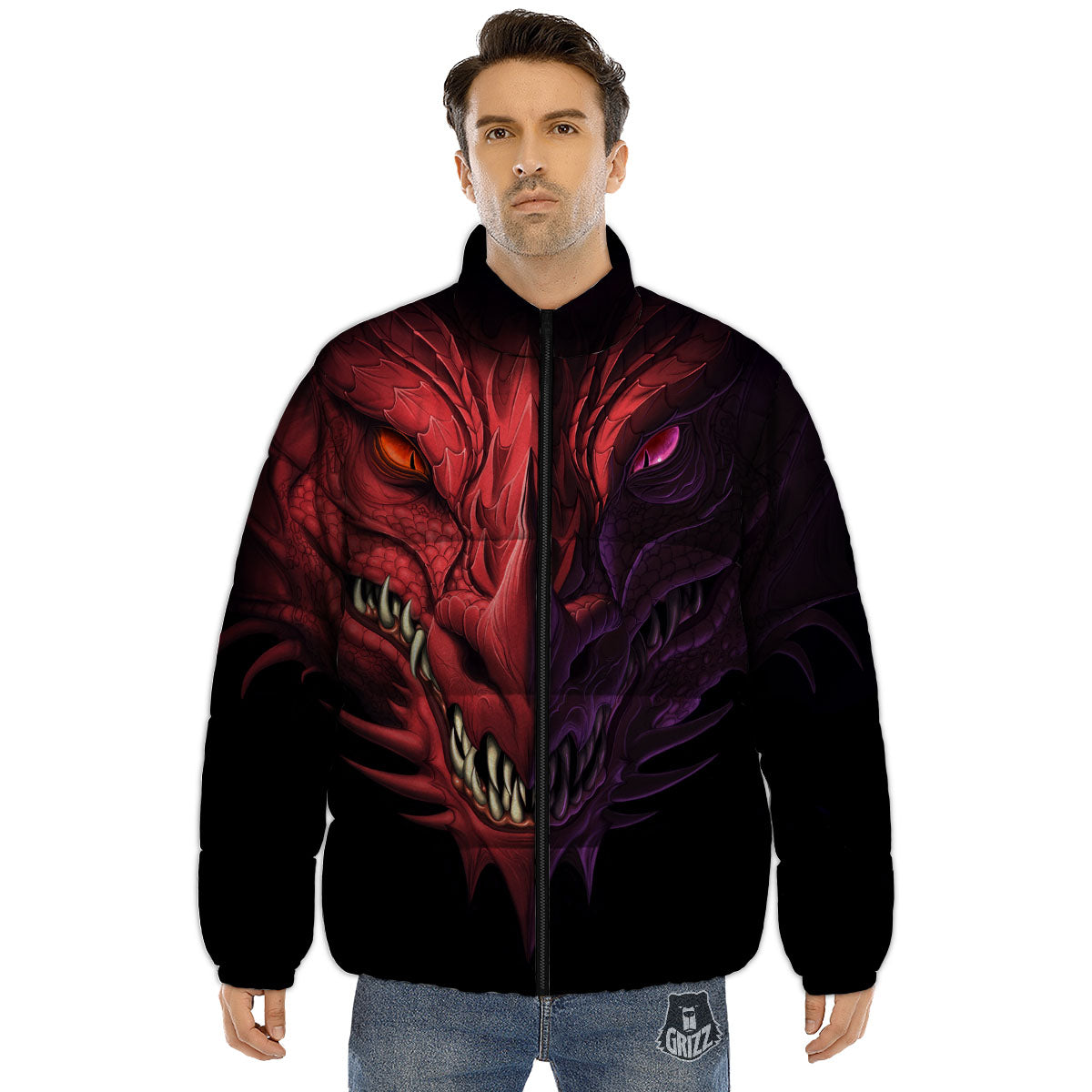 Head Red Dragon Print Puffer Jacket-grizzshop