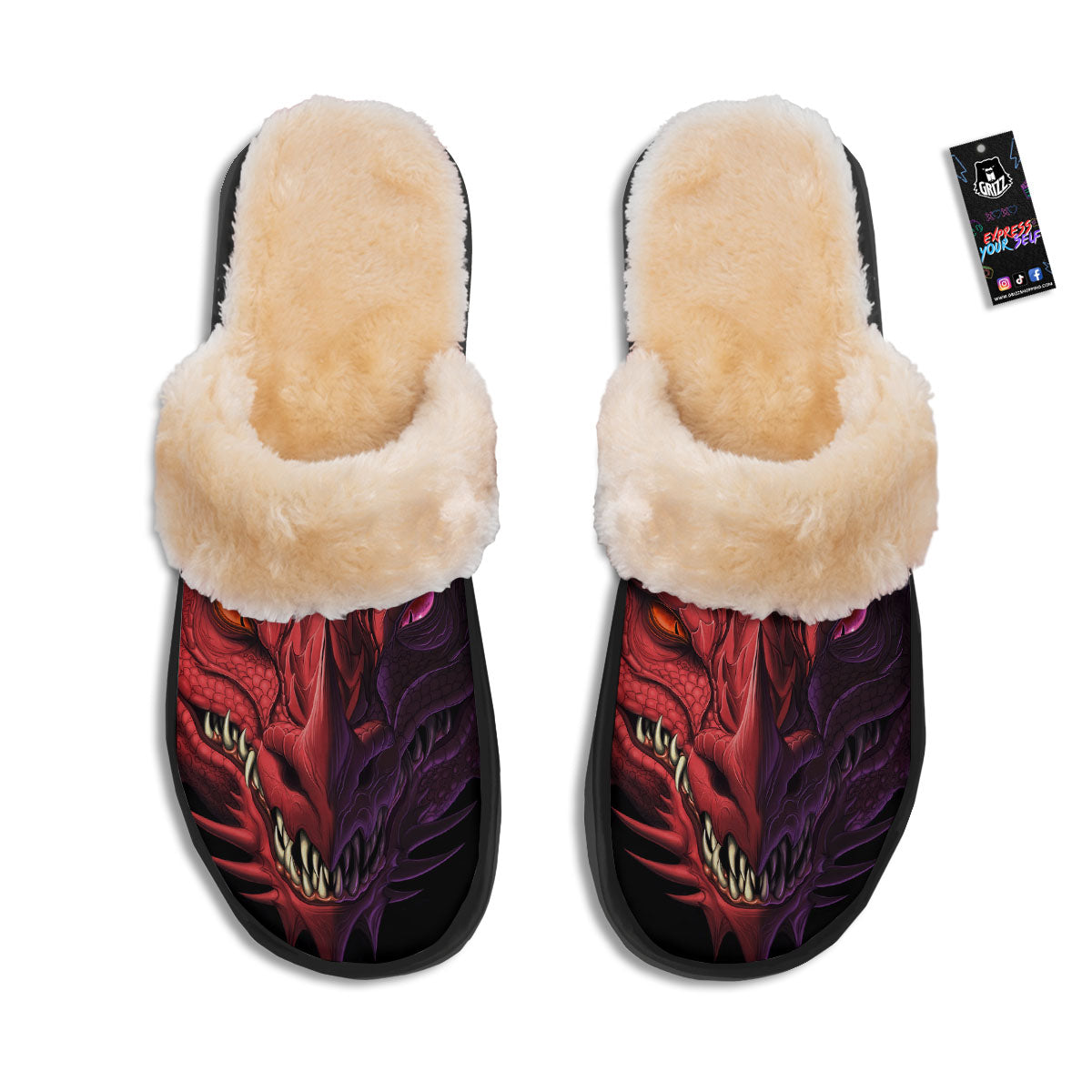 Head Red Dragon Print Slippers-grizzshop