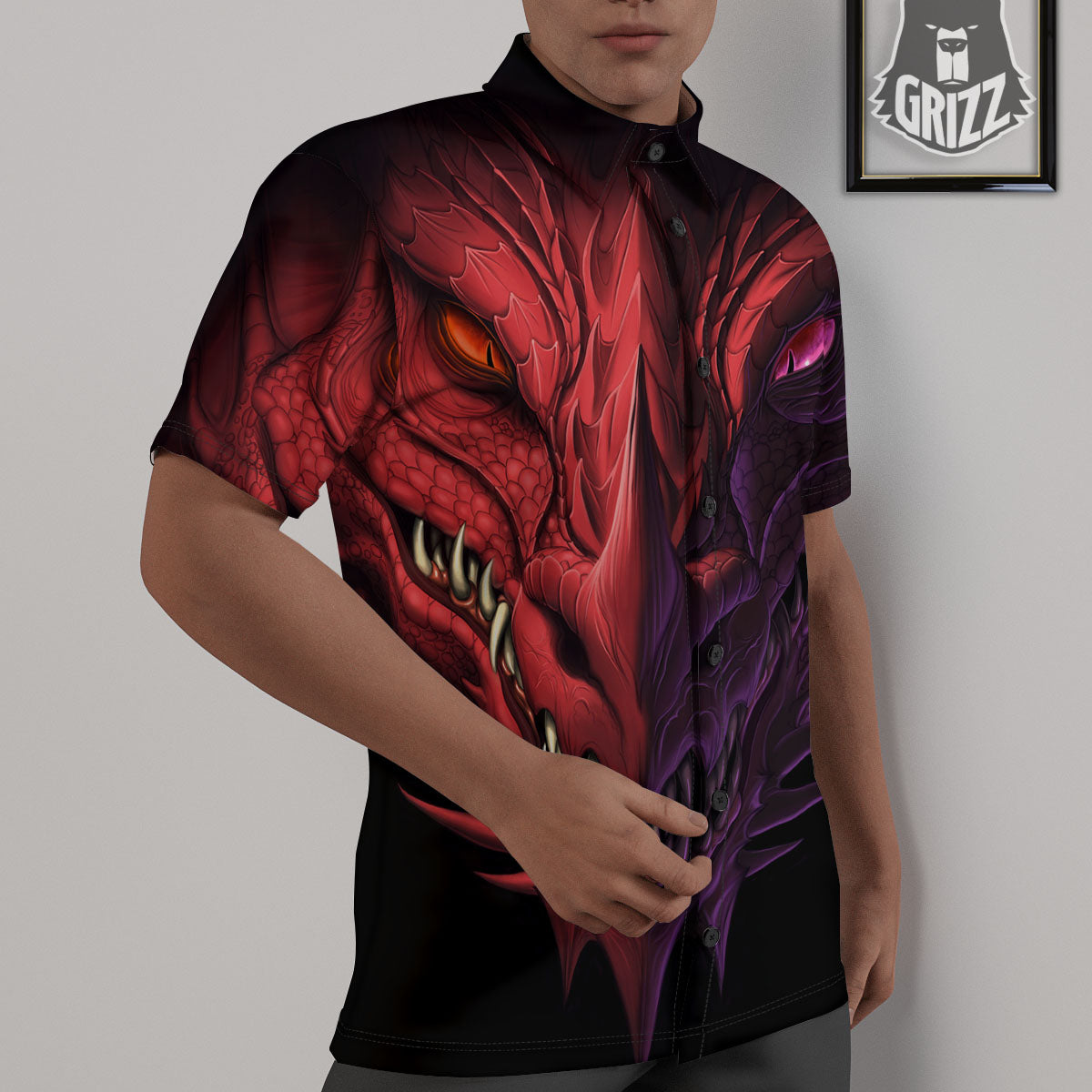 Head Red Dragon Print Untucked Shirts-grizzshop