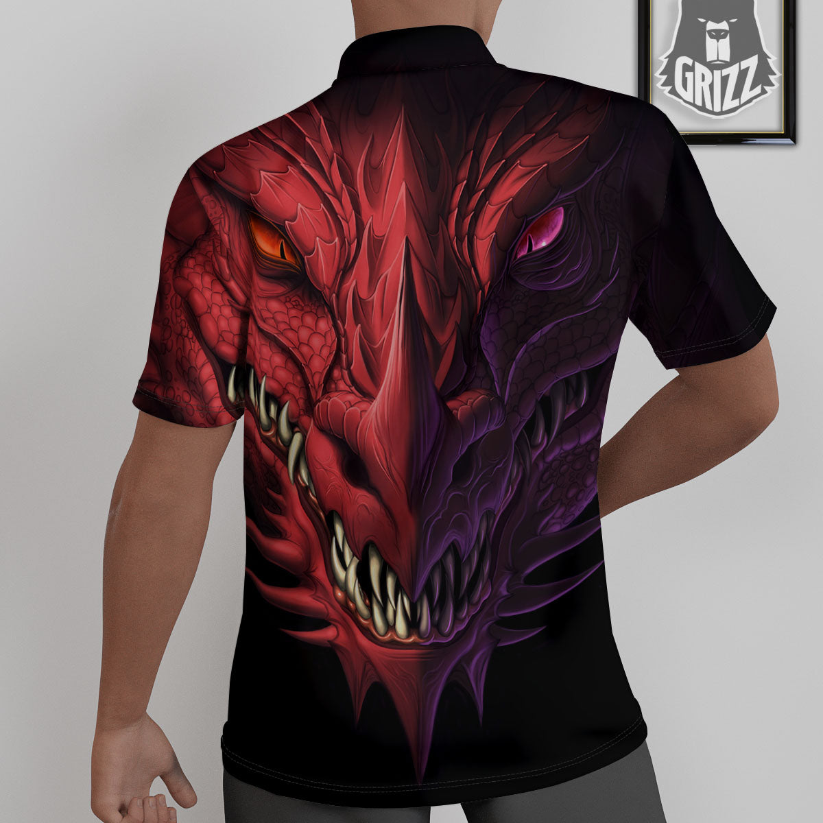Head Red Dragon Print Untucked Shirts-grizzshop