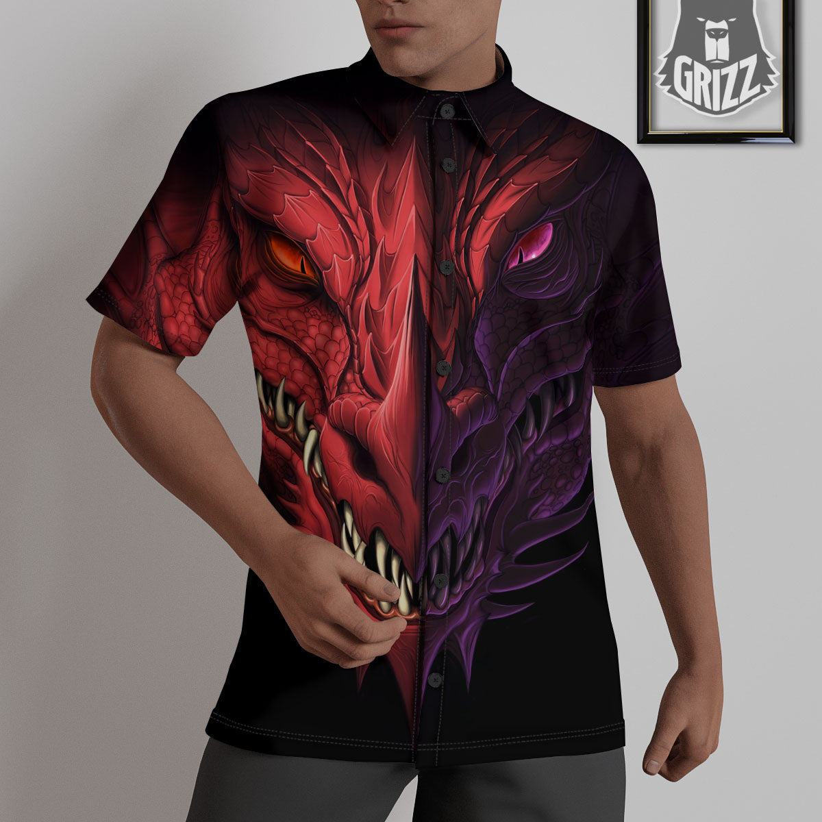 Head Red Dragon Print Untucked Shirts-grizzshop