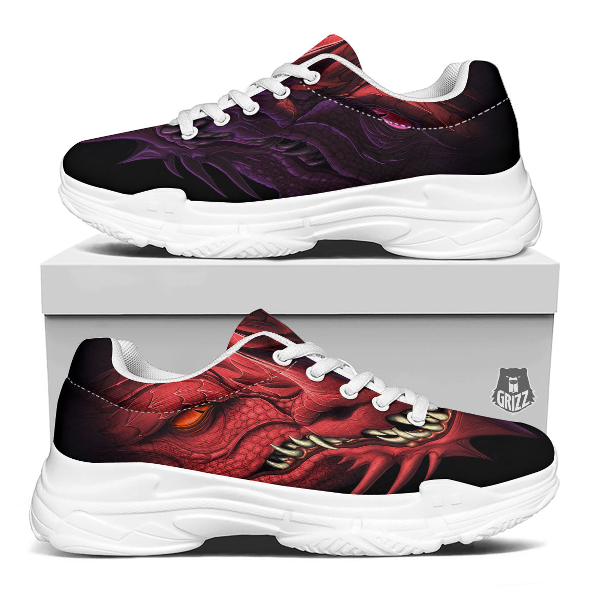Head Red Dragon Print White Chunky Shoes-grizzshop