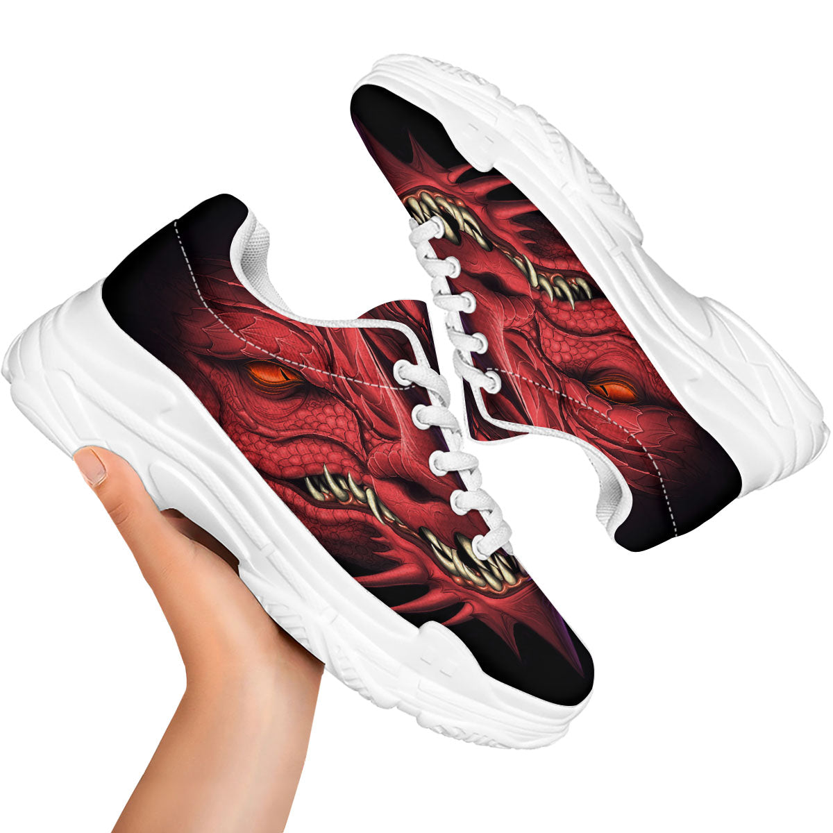 Head Red Dragon Print White Chunky Shoes-grizzshop