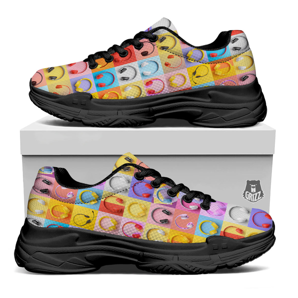 Headphones Pastel Print Pattern Black Chunky Shoes-grizzshop