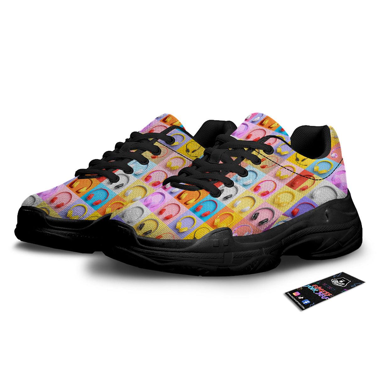 Headphones Pastel Print Pattern Black Chunky Shoes-grizzshop