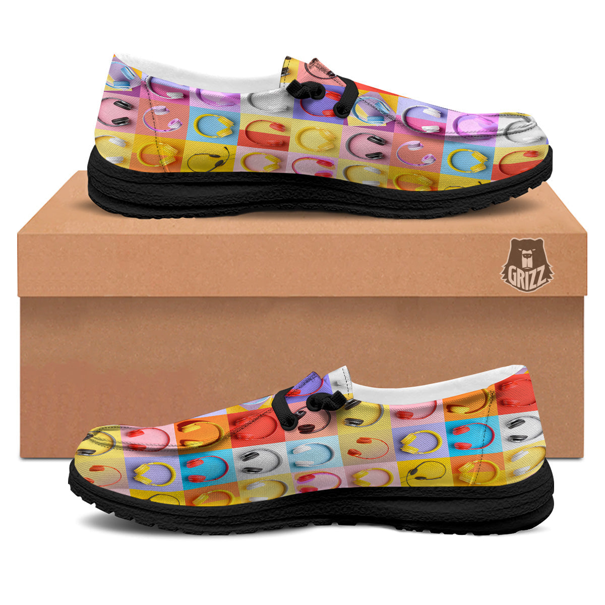 Headphones Pastel Print Pattern Black Loafers-grizzshop