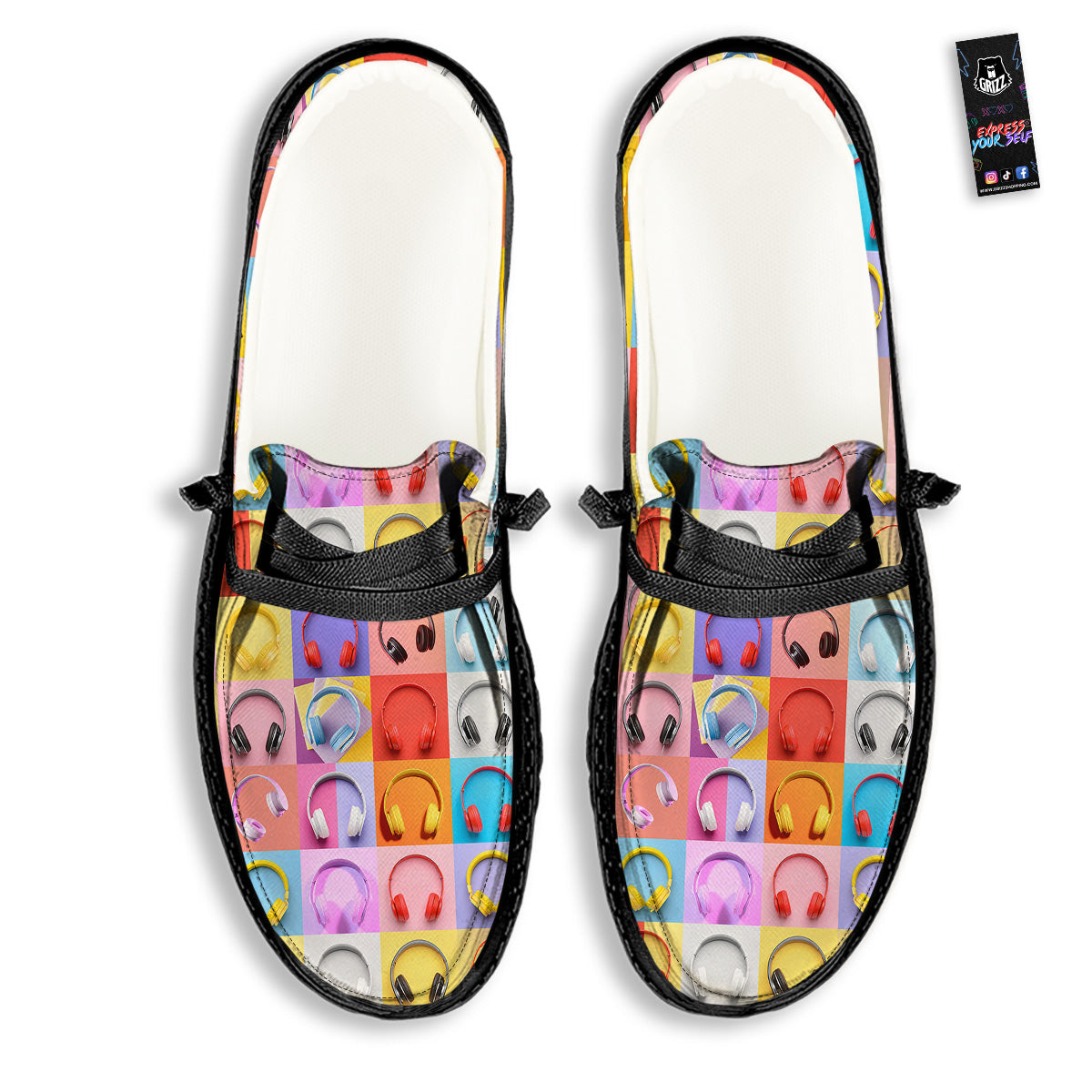 Headphones Pastel Print Pattern Black Loafers-grizzshop