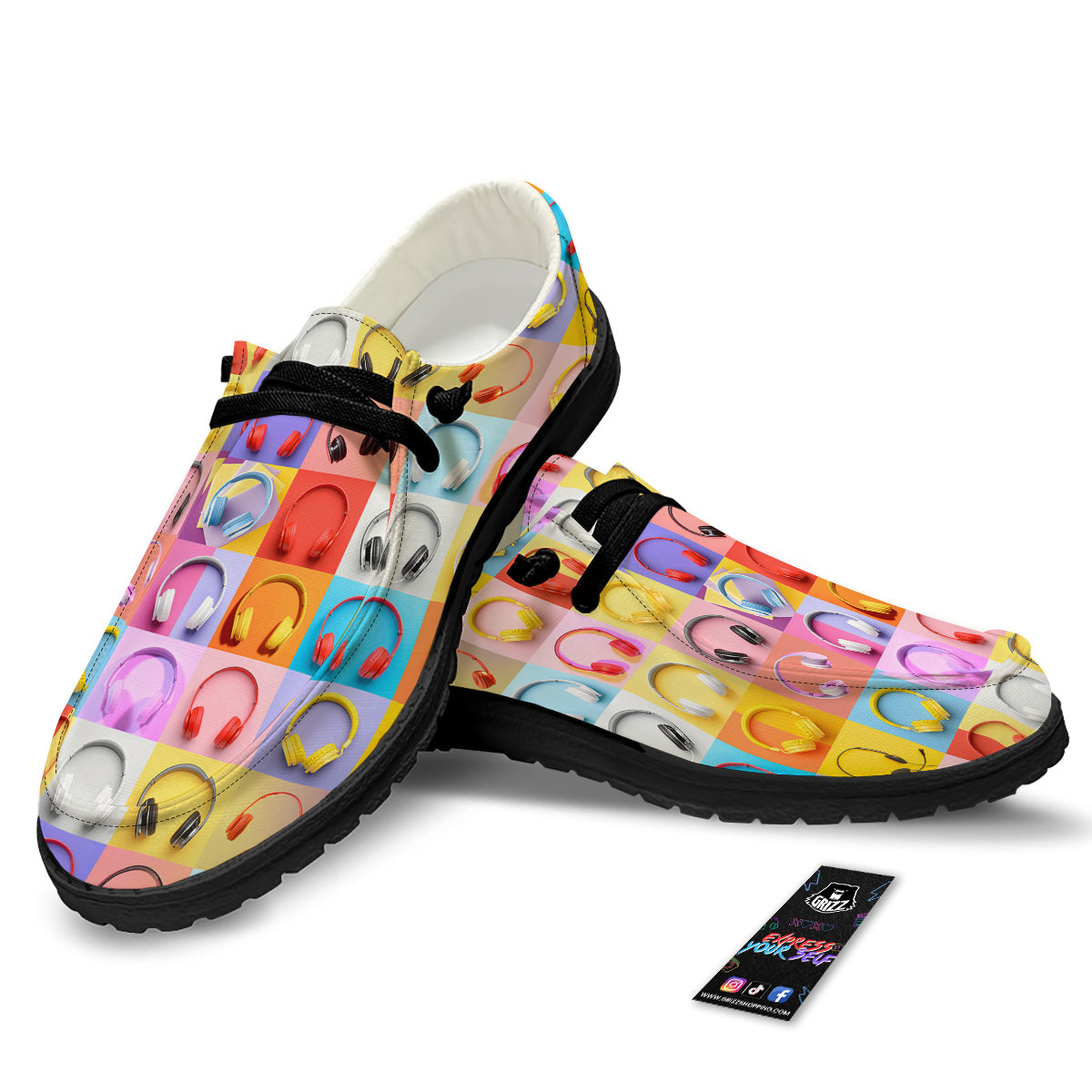 Headphones Pastel Print Pattern Black Loafers-grizzshop
