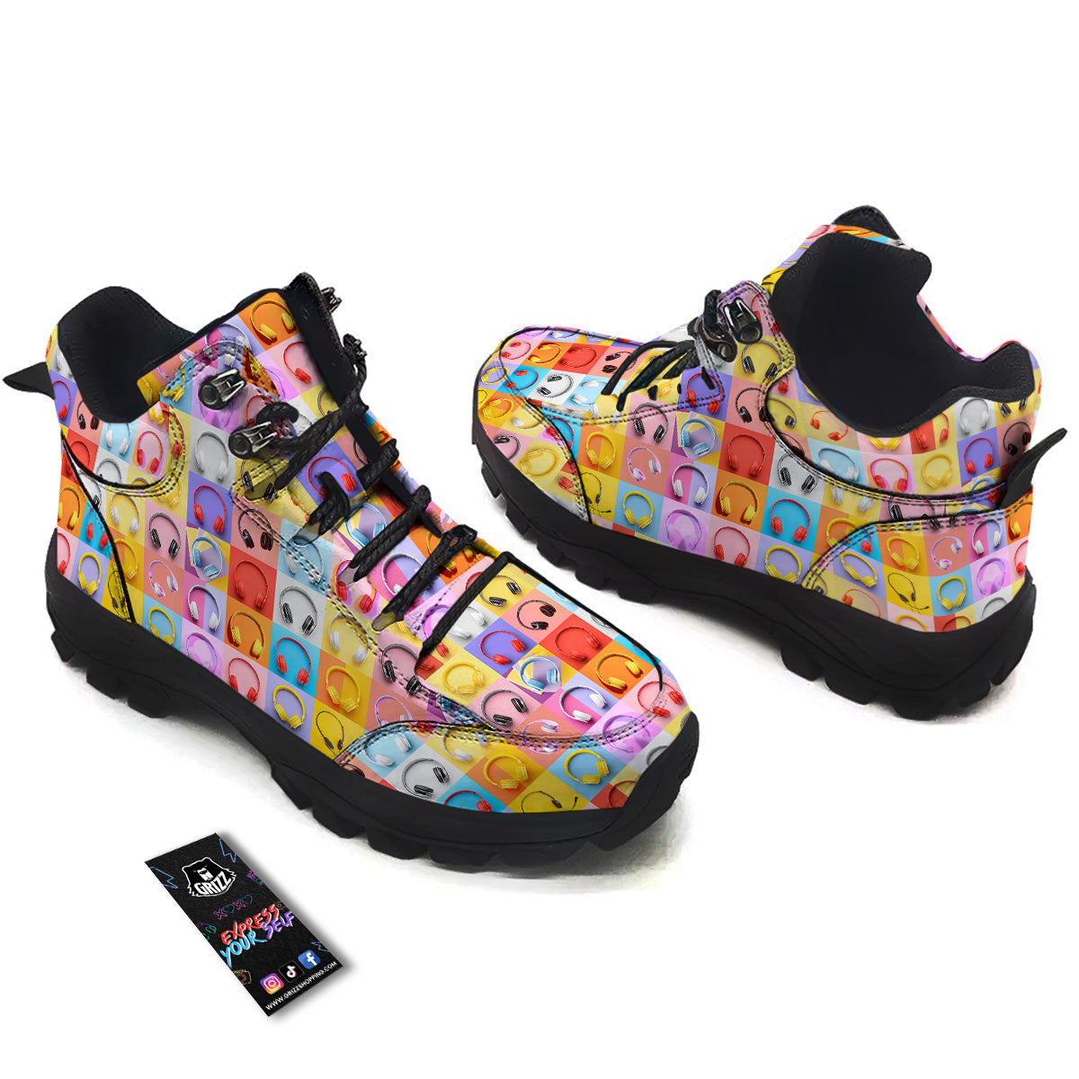 Headphones Pastel Print Pattern Hiking Shoes-grizzshop