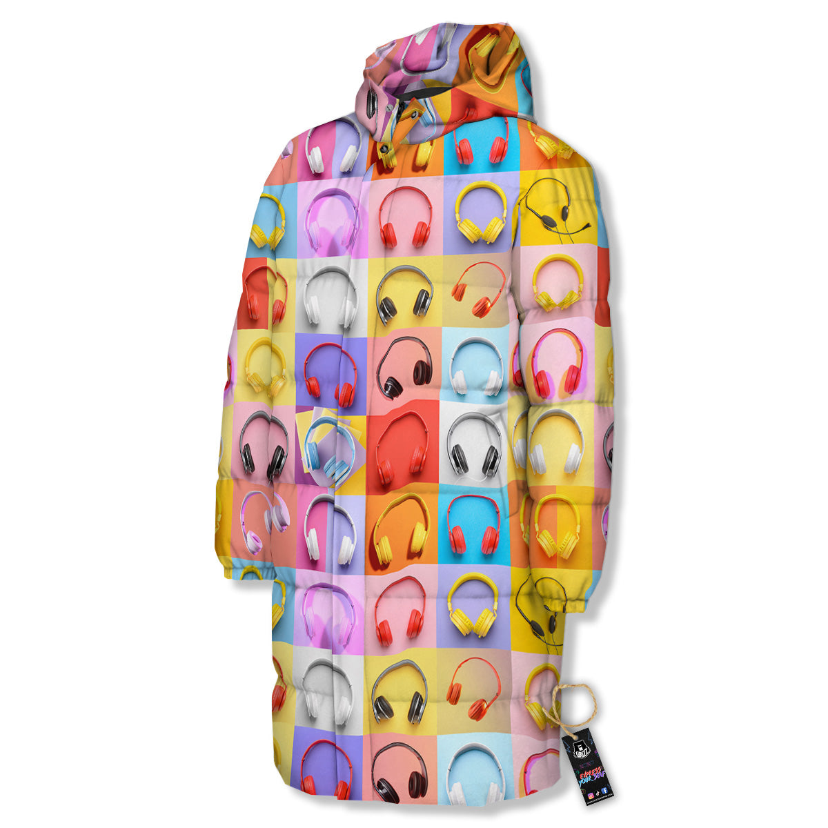 Headphones Pastel Print Pattern Long Down Jacket-grizzshop