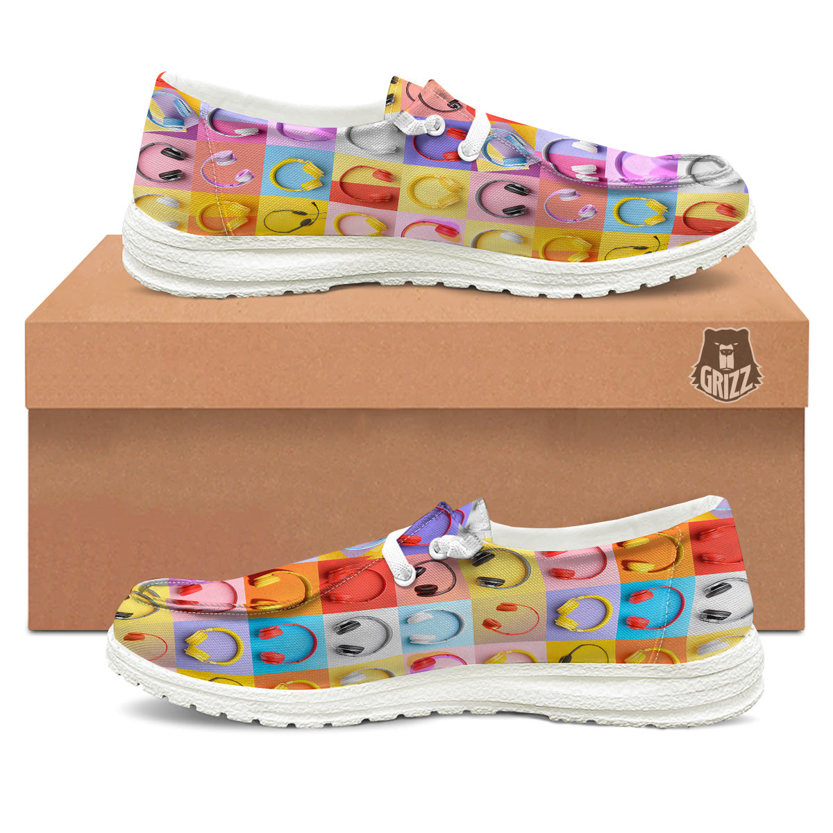 Headphones Pastel Print Pattern White Loafers-grizzshop