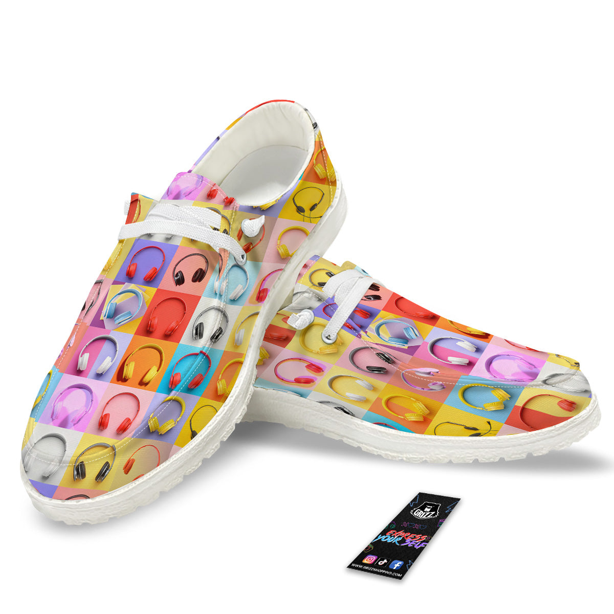 Headphones Pastel Print Pattern White Loafers-grizzshop