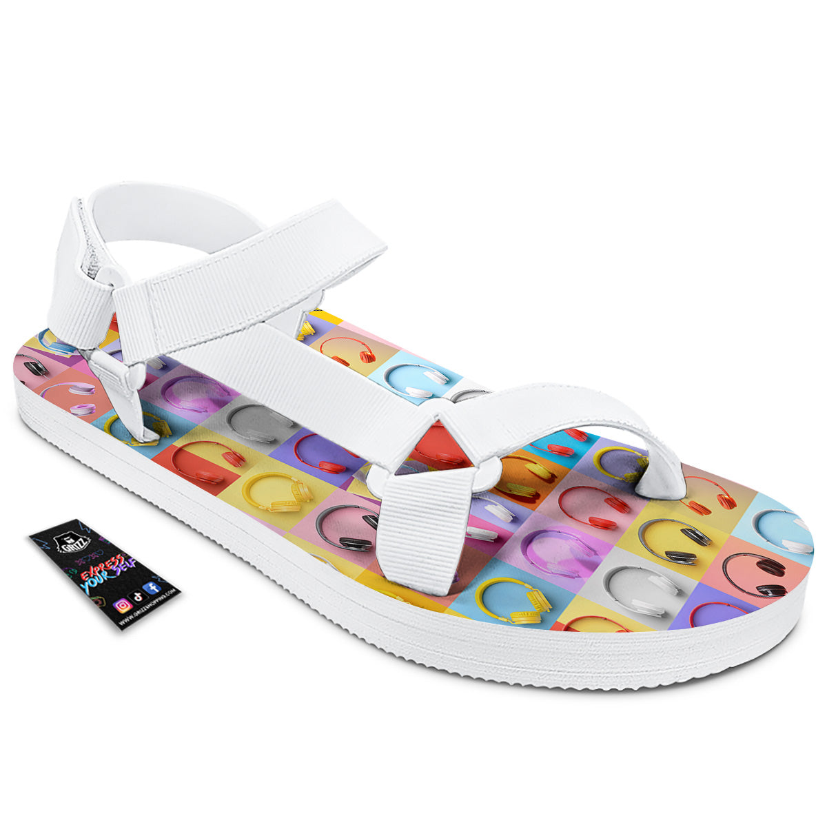 Headphones Pastel Print Pattern White Open Toe Sandals-grizzshop