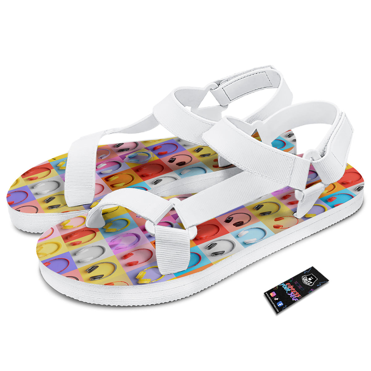 Headphones Pastel Print Pattern White Open Toe Sandals-grizzshop